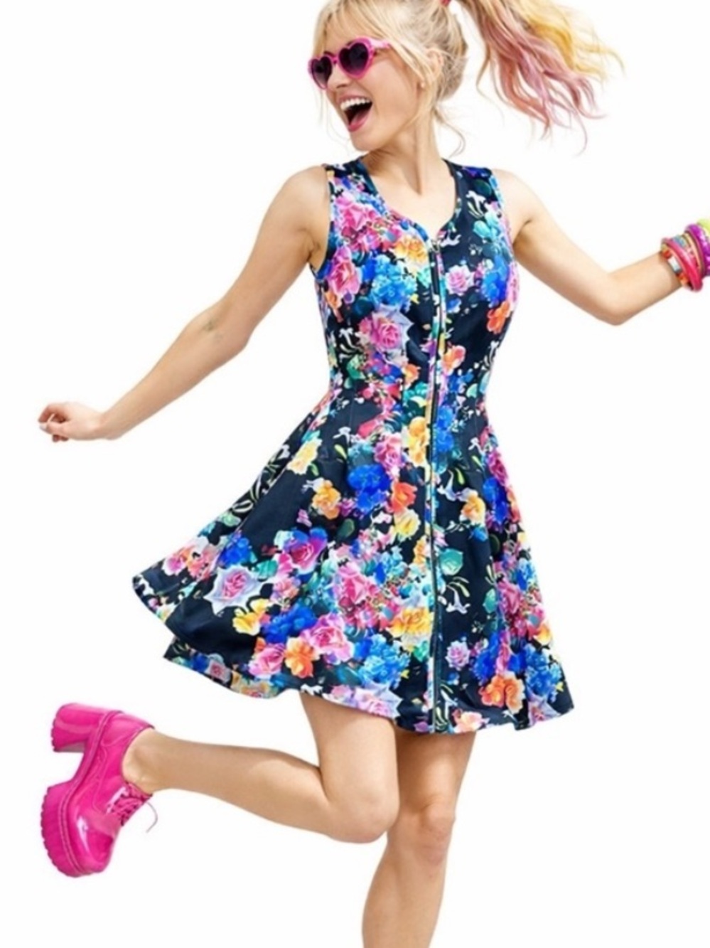 Betsy Johnson Scuba Dress 10 Fit Flare Skater Vibrant Spring Flowers Colorful